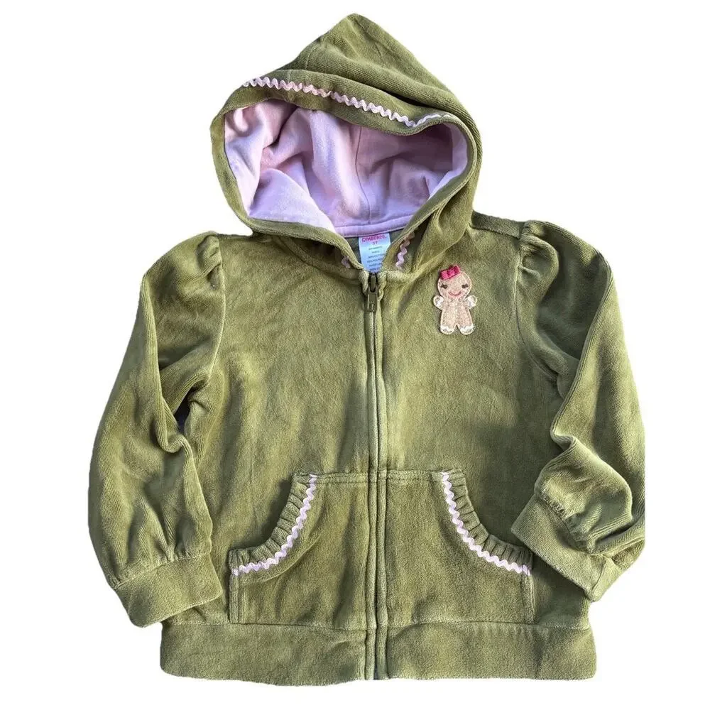 GYMBOREE GINGERBREAD GIRL GREEN PINK TRIM VELOUR HOODIE JACKET SZ 3T